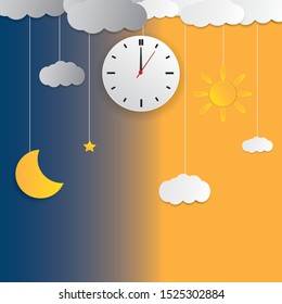 Clock with day night concept clock face vector illustration. Blue sky with clouds and sun. Moon and stars in the night