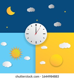 Uhren mit Tag Nacht Konzept Uhr Gesicht Vektorillustration Illustration.Blauer Himmel mit Wolken und Sonne. Mond und Sterne in der Nacht