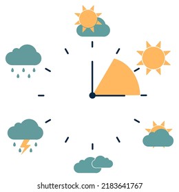 Clock with day night concept clock face vector illustration. Blue sky with clouds and sun. Moon and stars in the night