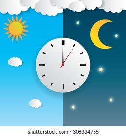 Clock With Day Night Concept Clock Face Vector Illustration. Blue Sky With Clouds And Sun. Moon And Stars In The Night