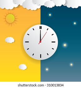 Clock with day night concept clock face vector illustration. Blue sky with clouds and sun. Moon and stars in the night