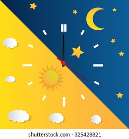 Clock with day night concept clock face vector illustration. Blue sky with clouds and sun. Moon and stars in the night