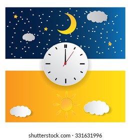 Clock with day night concept clock face vector illustration. Blue sky with clouds and sun. Moon and stars in the night