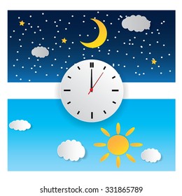 Clock with day night concept clock face vector illustration. Blue sky with clouds and sun. Moon and stars in the night
