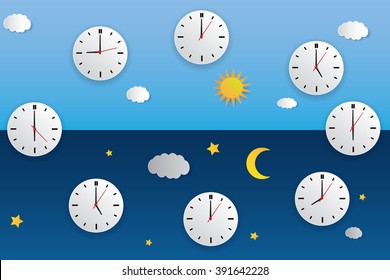Clock with day night concept clock face vector illustration. Blue sky with clouds and sun. Moon and stars in the night