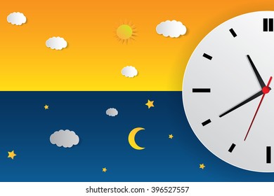 Clock with day night concept clock face vector illustration. Blue sky with clouds and sun. Moon and stars in the night