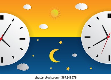 Clock with day night concept clock face vector illustration. Blue sky with clouds and sun. Moon and stars in the night