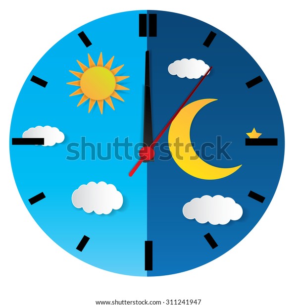 昼の夜のコンセプト時計の顔のベクターイラスト 青い空と雲と太陽 夜の月と星 のベクター画像素材 ロイヤリティフリー 311241947