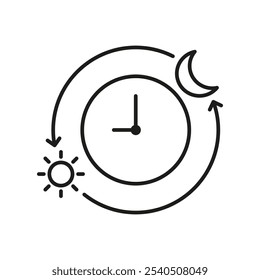 Uhr mit Tag- und Nachtfahrradlinien-Symbol. Circadian Rhythmus mit Sonne und Mond Umrisssymbol. Tag und Nacht Übergang. Bearbeitbarer Strich. Isolierte Vektorgrafik.