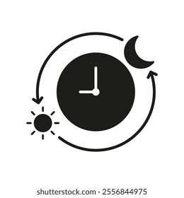 Clock With Day And Night Cycle Silhouette Icon. Circadian Rhythm With Sun And Moon Glyph Symbol. Day And Night Transition. Isolated Vector Illustration.