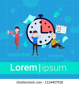 clock deadline man girl hold megaphone calendar 5 june day character working office concept for design work and animation full length flat copy space vector illustration