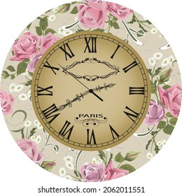 Clock decorated with flowers.Floral decoration on the dial of the clock in vector illustration.