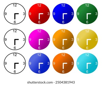 Diseño de reloj con diferentes iconos de color aislados en diferentes colores de fondo, Ilustración