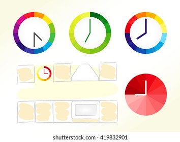 Clock design ideas. Set of bright coloured clock vector icons and kitchen schematic picture. O name, business chart, company isolated diagram collection graphic template.