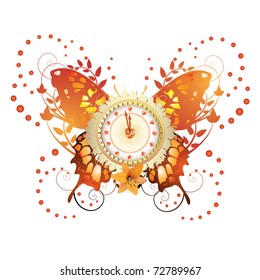 Clock design with Valentine's day theme over colored butterfly