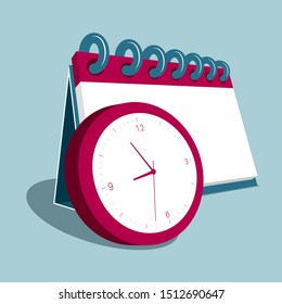 Clock and desk calendar. Isolated on blue background.