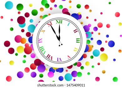 Clock dial with colorful confetti on white background.