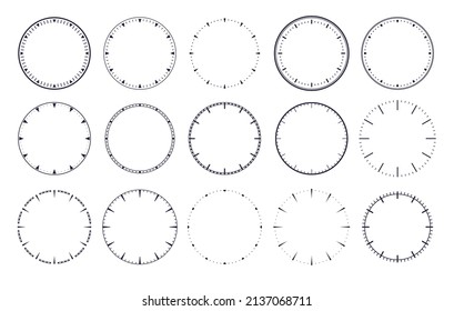 Clock dial . Empty mechanical watch face without arrows and numbers with hour marks. Vector set