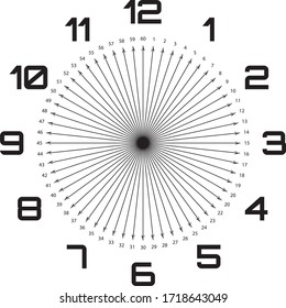 clock dial enormous deco numbers black arrows as seconds on transparent background