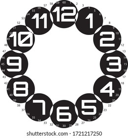clock dial enormous negative space numbers hourly on black circle game with circle of seconds on transparent background