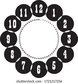 clock dial enormous negative space numbers hourly on black circle game with small circle of seconds on transparent background
