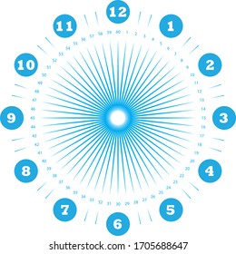 clock dial enormous numbers in circle hourly negative space on blue seconds on transparent background