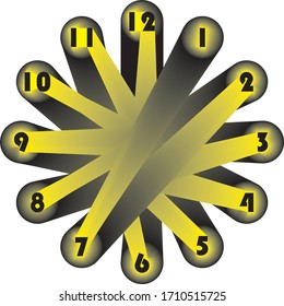 clock dial enormous yellow numbers in circle hourly linked on black circle on transparent background