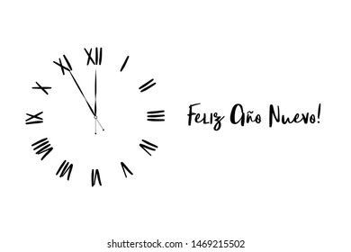 Clock dial Feliz año nuevo Happy new year Spanish handwritten text.