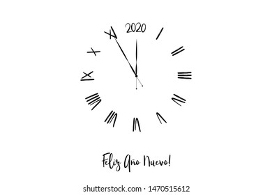 Clock dial Feliz año nuevo Happy new year Spanish handwritten text.