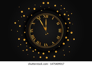 Clock dial with golden confetti. Happy new year text.