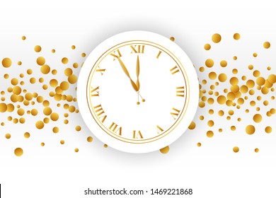 Clock dial with golden confetti on white background.