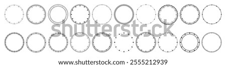 Clock dial icons with arrow.Mechanical dial template.Round isolated clock showing time.Vector illustration.