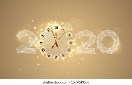 Clock dial low poly illustration. Wireframe triangular glowing watch face, New year symbol, golden shining horologe polygonal art. Congratulating poster, greeting card design layout