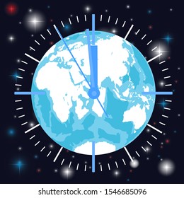 Clock dial on the background of planet Earth, a symbol of the upcoming Christmas and winter. The onset of the cold season. Snowfall and cold season. Vector illustration