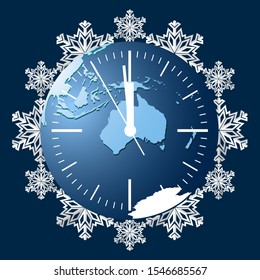 Das Uhrenrad auf dem Hintergrund des Planeten Erde auf dem Hintergrund von Schneeflocken, ein Symbol für die kommenden Weihnachten und Winter. Der Beginn der kalten Jahreszeit. Schneefall und Kälteperiode. Vektorgrafik