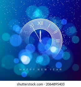 Clock Dial on Magic Blue Christmas Glitter Background with Bokeh. Vector illustration