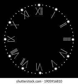  Clock dial with Roman numerals on the black. Vector illustration for your design.