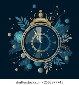 Clock dial with Roman numerals on a background of fantastic branches and flowers. New Year Countdown and chimes. Five minutes before twelve. Vector