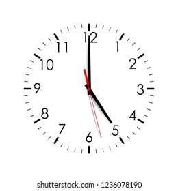Clock Dial Shows 5:00 Isolated On White Background. Vector Illustration