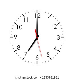 Clock dial shows 7:00. Vector illustration