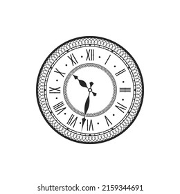 Dispositivo de medición del tiempo de marcado de reloj aislado icono monocromo. Marcado vectorial envejecido en el sentido de las agujas del reloj con números romanos, cosechando reloj ornamental. Indicadores decorativos de relojería, minuto, hora y segunda flecha
