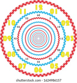 clock dial yellow numbers for minutes and gray seconds and cyan magenta cadran on transparent background
