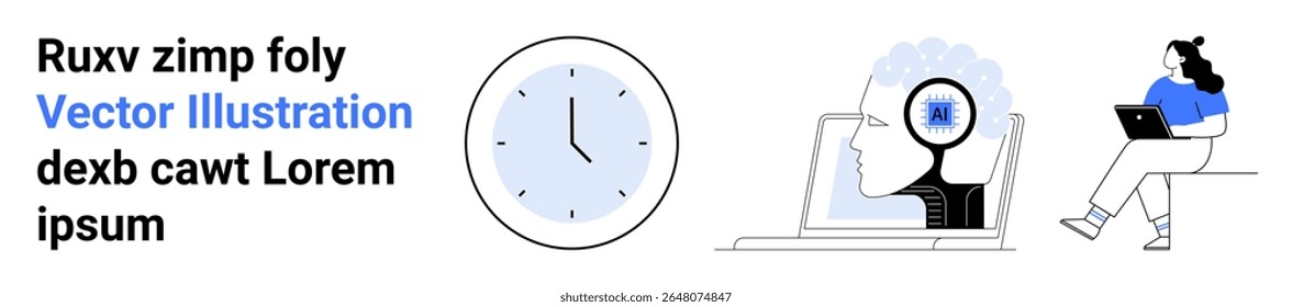 Clock, digital head with gears, woman with laptop. Ideal for education, technology, productivity, time management, innovation, online learning, remote work Landing page