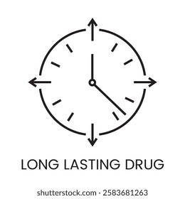 A clock with directional arrows icon in vector, symbolizing extended drug coverage and effect, with an editable stroke.