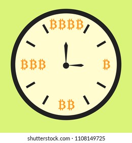 Clock displaying increasing bitcoin income, flat style