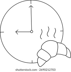 A clock displays 900 accompanied by rising steam and a croissant