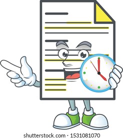 With clock document in the cartoon character mascot.