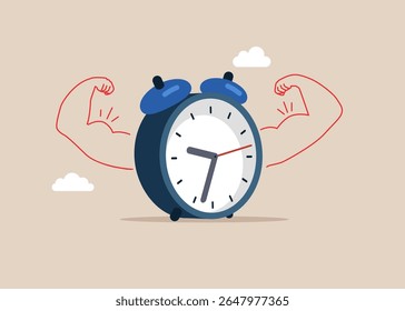 Clock doing strong gesture. Technology power. High esteem. 24-7 support service,  working hours. Flat vector illustration.