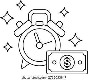 Un reloj y un billete de un dólar se muestran en un dibujo en blanco y negro. El reloj se establece a la hora de las 10:00, y el billete de un dólar se coloca al lado. Concepto de tiempo y dinero