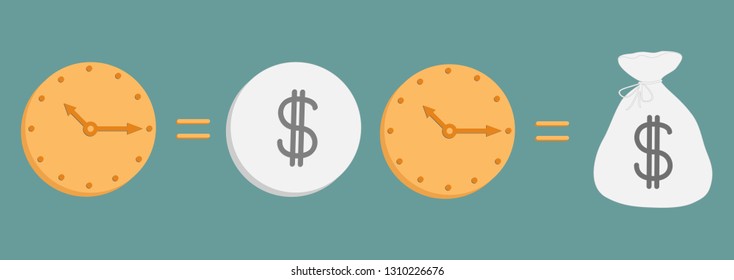 Clock and dollar coin bag icon set line. Time is money. Flat design. Blue background. Isolated. Vector illustration